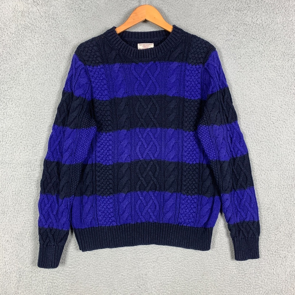 Wallace & Barnes Sweater Large L Blue Fisherman Cable Knit Stripe Cotton J. Crew
